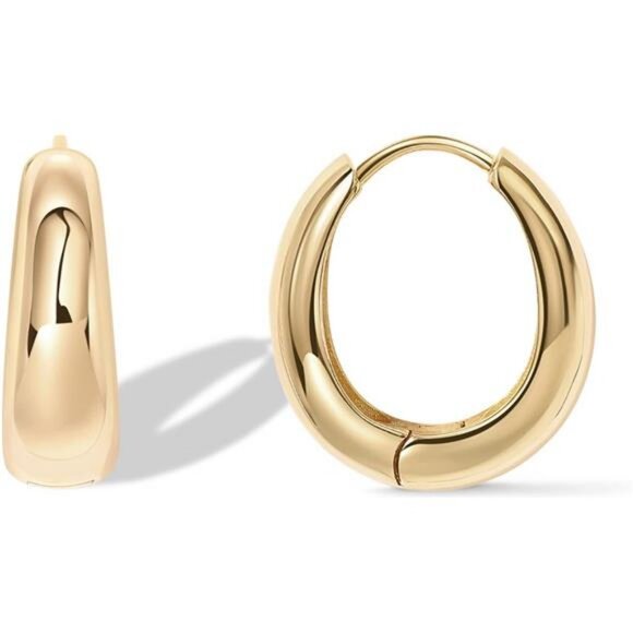 14K Gold Plated Sterling Silver Post Small Chunky Hoops Earrings | Thick - Picture 1 of 7